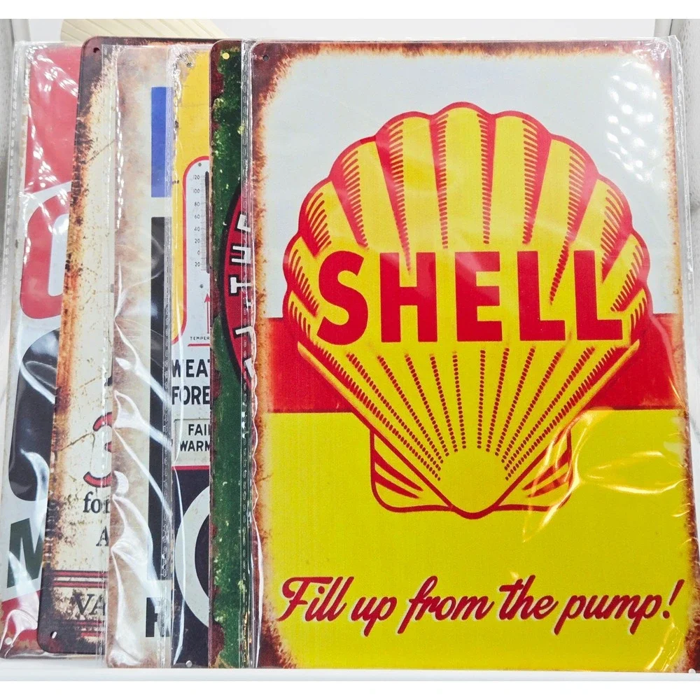 Vintage Style Gas Oil Metal Tin Signs Set Texaco Shell Mobil Castrol 6 Pack NEW‎